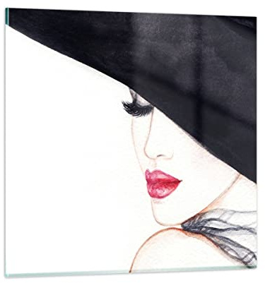 ARTTOR Impression sur Verre Moderne 40x40cm Noir et Blanc Personnes - 2947 | Femme Bouche Chapeau Moderne Tableau Décoratif Décoration Murale Art Mural Verre Trempé Salon Chambre Design Moderne ARTTOR