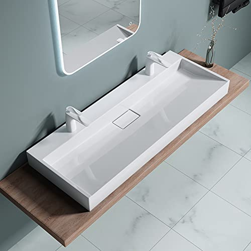 Durovin Bathrooms Luxurious Cast Stone Resin Bathroom Basin - Wall Hung Or Countertop Dual-Installation Basin Sink Two Tap Hole - Concealed Waste - 1200 x 460mm (WXD)