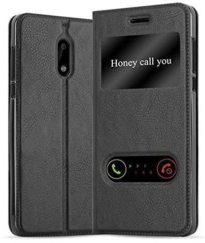 Cadorabo Hülle kompatibel mit Nokia 6 2017 in KOMETEN SCHWARZ - Schutzhülle mit Magnetverschluss, Standfunktion und 2 Sichtfenstern