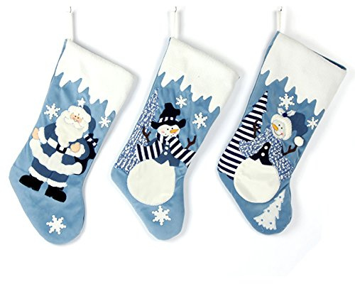 Etistta Klassische 48,3 cm Blaue Weihnachtsstrümpfe, 3er-Set, blau-weiß, Weihnachtsdekoration, Samtapplikation, Schneestrümpfe für Weihnachten, Kamin, Dekorationen – Weihnachtsmann, Schneemann