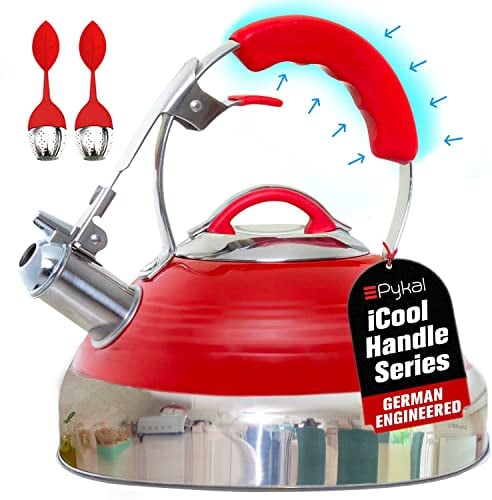 Pykal Retro Whistling Tea Kettle for Stove Top - 2.6l - Red Vintage Stainless Steel Kettles w/iCool Handle Technology - Whistle Teapot for Stovetop Induction or Gas Hob