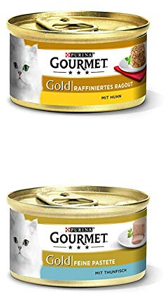Gourmet Gold Katzenfutter 24er Mix-Pack (2 x 12 x 85g) Ragout Huhn und Pastete mit Thunfisch