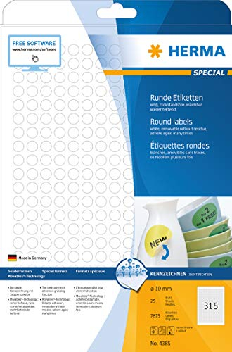 HERMA Etikett, Inkjet/Laser/Kopierer, selbstklebend, ablösbar, rund, Ø: 10 mm, weiß (7.875 Stück), Sie erhalten 1 Packung á 7875 Stück