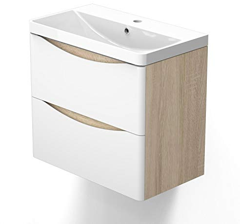 AICA sanitaire Meuble sous Vasque De Salle De Bain Suspendu Blanc et Bois Clair avec Lavabo Espace De Rangement 60cm