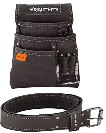 WrightFits Leather Nail Pouch - Hammer Holder Multi Pocket Work Tool Pouch With Supporting Belt (2 in 1) For Builders, Carpenters, Gardeners, Electricians