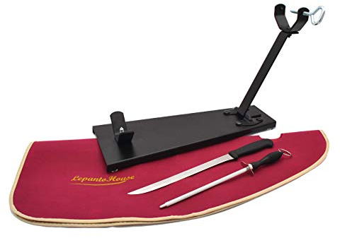 JAMONERO Negro Plegable FC + Set Burdeos Soporte JAMONERO Plegable Tipo C con Cuchillo JAMONERO CHAIRA Y Cubre Jamon DE Regalo para JAMONES PALETAS Y PALETILLAS (Set Burdeos)