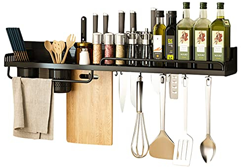 CarreGas® Spice Rack Wall Mounted, Kitchen Wall Shelf, Utensil Rack 8 Hooks, Kitchen Shelf Organiser, Cutlery Holder Organiser, Spice Racks Multi-Purpose Suitable for Kitchens,Restaurants and Bars