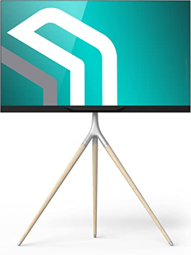 ONKRON TV Ständer Dreibein für 32-65 Zoll Fernseher bis zu 35 kg, Staffelei TV Standfuss höhenverstellbar, schwenkbar, Fernsehständer max VESA 400x400, Standfuß Tripod aus Holz Weiß TS1220-W