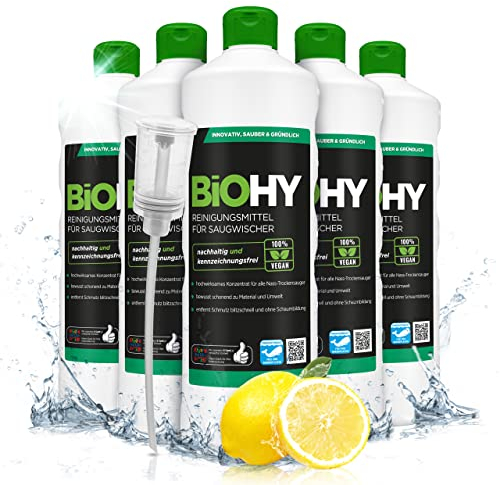 BiOHY Reinigungsmittel für Saugwischer mit Frischeduft (6 x 1 Liter) + Dosierer | 1:200 Konzentrat für alle Nass-Trockensauger | ideal für Fliesen, PVC, Parkett, Laminat & Teppich | streifenfreier