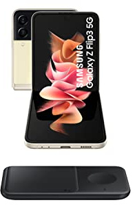 SAMSUNG Galaxy Z Flip3 5G – Plegable, pantalla 6,7” (AMOLED FHD+, 8GB RAM + 128GB almacenamiento, doble cámara trasera, 3300 mAh carga rápida 25W) Crema [Versión ES] + Wireless Charger Dúo