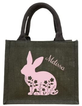 Bedruckte Jutetasche zu Ostern mit Name | Motiv Hase in Wiese für Kinder | Personalisiertes Osternest zum Befüllen inkl. Namensdruck | Geschenktasche mit Henkel als Osterkörbchen dunkelgrau
