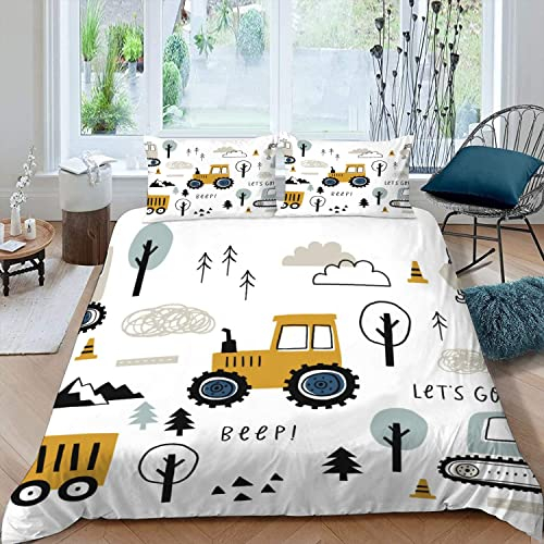 MOUPL 100% Mikrofaser Kinderbettwäsche 135x200 2teilig 3D Motiv Cartoon LKW Traktor Bettwäsche mit Reißverschluss Weiche Warm Sommer Bettbezug mit Kissenbezug 80x80 cm für Jungen Mädchen