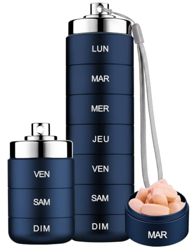 mossime Pilulier Semainier Voyage 7 Jours En Alliage D’Aluminium, Étanche | Combinaison Amovible, Alliage D’Aluminium, Grande Capacité, Fermeture Rotative, Pour Vitamines Et Huiles De Poisson(Bleu)