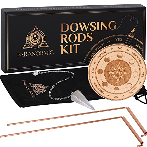 Kit de baguettes de radiesthésie en cuivre, pendule avec tapis et cristal de quartz - Ensemble parfait de 2 baguettes spirituelles en cuivre pur - Découvrez les secrets du paranormal avec les baguette