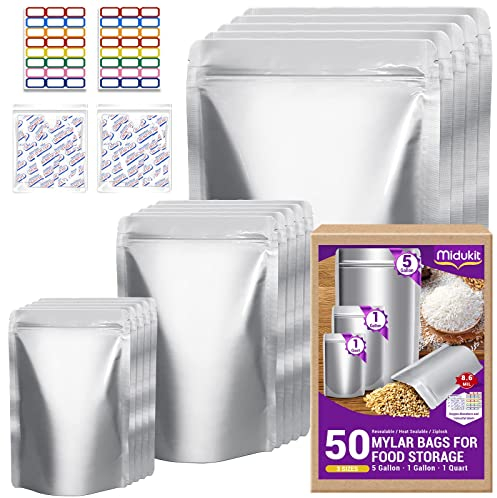 Mylar bags mit sauerstoffabsorber für lebensmittel, 43.5 x 71 cm, 25 x 35 cm, 1 Quart 15 x 22 cm, 8,6 Mil, Mylar Beutel mit oxygen absorber 23000cc + Etiketten, vakuumierer beutel (50 Stück)
