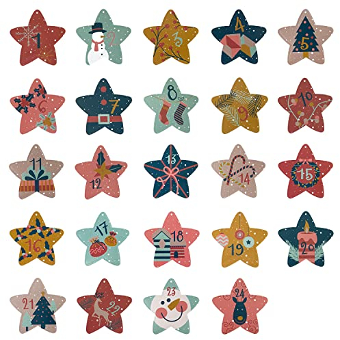 Oblique Unique® 24 Adventskalender Stern Sticker mit Zahlen Aufkleber für Weihnachten Advent Kinder Motive zum Basteln Verzieren Dekorieren