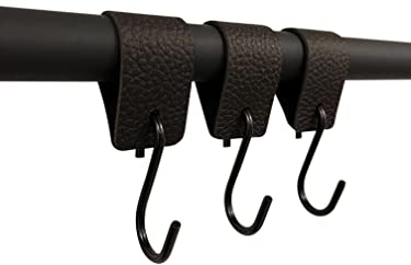 RSR Hangers Kleiderhaken mit Lederschlaufe - Schwarz - 12 Stück - S Haken – 12,5 cm x 3 cm - Garderobe -Kleiderstange - Leder – Lederband - Garderobenhaken – Fleischerhaken - Multifunktionshaken