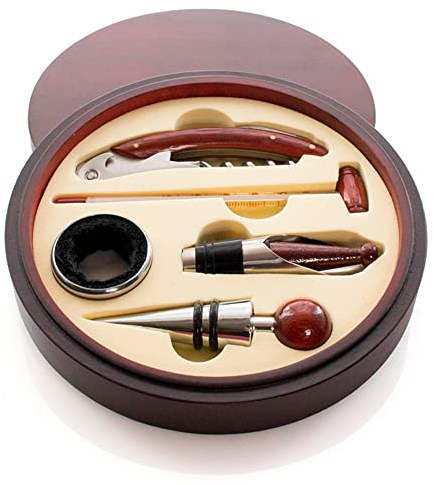 Elegante juego set de vinos con sacacorchos, dosificador, Recoge gotas, tapón y termómetro. Regalos orginales cumpleaños hombres, día del padre, novios, maridos, agradecimientos o Navidad.