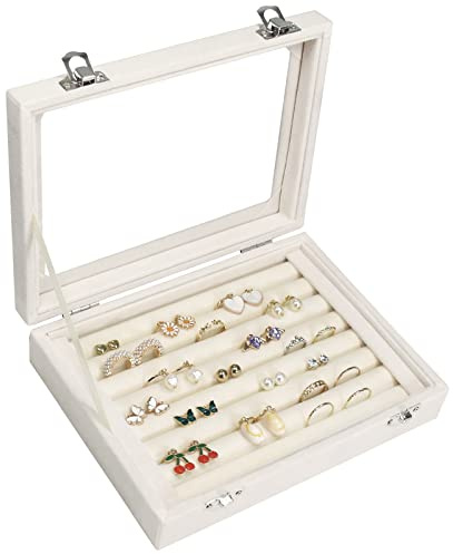 Vicoter Ring-Organizer-Tablett mit 7 Fächern, Samt, Schmuck, Ohrring, Aufbewahrungsbox mit transparentem Deckel, Schmuckvitrine für Mädchen, Ehefrau, Mutter, Frauen (Beige)