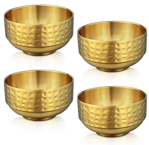 4 Pcs Gold Stainless Steel Bowls, 13Oz Double Walled Soup Bowls, Thick Non Slip Appetizer Snack Bowls, Small Metal Serving Bowls for Sauces, Rice, Noodles, Ice Cream, Oat (4 pcs)