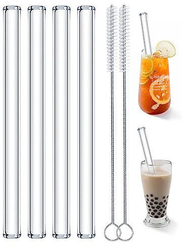 Realure 4 Stück Glas Strohhalm Wiederverwendbar mit Reinigungsbürsten, 14mm Groß Breite Trinkhalme Glas, Glasstrohhalme 21.5cm für Bubble Tea, Smoothie, Cocktail, Slush, Säfte, Clearwater