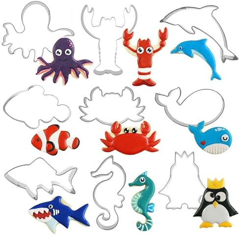 HDHGXUJRD 9-teiliges Keksausstecher-Set, Keksausstecher für Kinder, Sanwich Gemüse Obst Ausstecher, Ostern, Weihnachten Edelstahl DIY Fondant Ausstecher, Delphine, Haie, Pinguine (A)