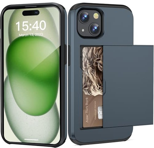 ACOCOBUY Coque pour iPhone 15 Étui Portefeuille Fente pour Carte Crédit Cachée Coque avec Porte-Cartes Antichoc Housse Protection à Double Couche Étui Housse Arrière 6,1 Pouces pour Hommes Marine