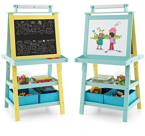 GOPLUS Tableau Enfant Double Face, Chevalet Enfant avec Tableau Blanc/Noir Magnétique Effacable, Rouleau de Papier 2 Boîtes de Rangement, pour 3+ Ans (Vert)