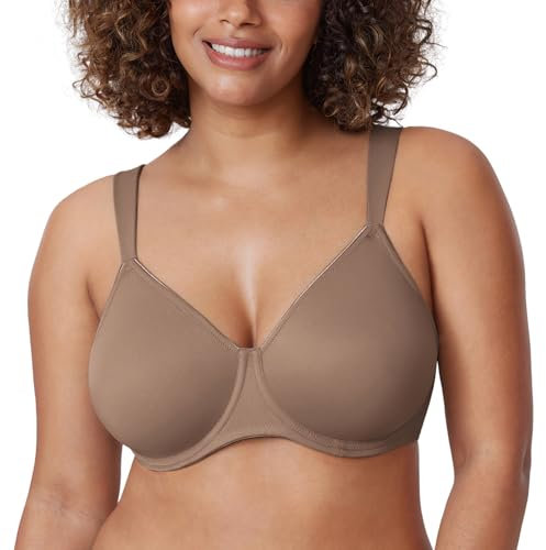 Delimira Women's Non-Padded Minimiser Bras Full Coverage Seamless Underwire Plus Size Smooth T Shirt Bra Brown Purple 42F