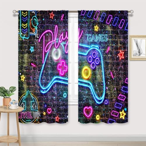 Cinbloo Gamer-Vorhänge für Kinder, 106 x 160 cm (B x H), Stangentasche, Neonfarben, Gaming-Vorhänge für Jungen und Mädchen, bunt, Videospielzimmer, Dekoration, Teenager, schwarzer Ziegelstein,