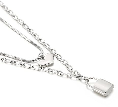 Homxi Halskette Damen Silber Anhänger,Kette Anhänger Edelstahl Doppelkette mit Schloss und Herz Kettenanhänger Silber