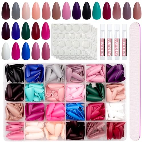 JUSTOTRY 576 PCS Mat Amande Faux Ongles Kit Court,24 Color Uni Press on Nails Motif,Ovale Faux Ongle Moyen Pour Femme et Ado,Almond Reutilisable Faux Ongles à Coller Nail Art