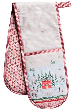 Maison d' Hermine Double Oven Mitt (18 cm x 89 cm) 100% Cotton Heat Resistant BBQ Cooking Gloves with Loop for Christmas Decorations Baking Cooking Barbeque Handling Hot Pan (Rural Christmas)