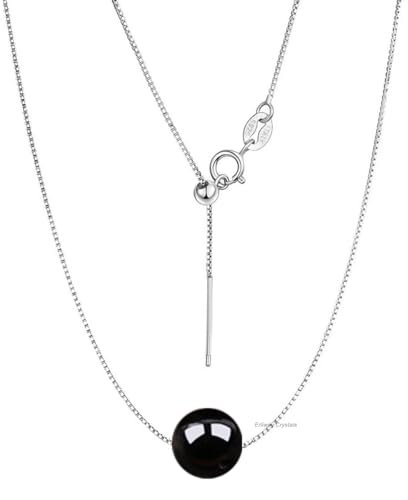 Erliway Schwarze Obsidian-Kristall-Anhänger-Halskette, 925er Sterlingsilber-Halskette mit 10 mm A+ Grade Kristallperle, 45cm verstellbare Länge Heilungs-Halskette Schmuck Geschenk für Damen Mädchen