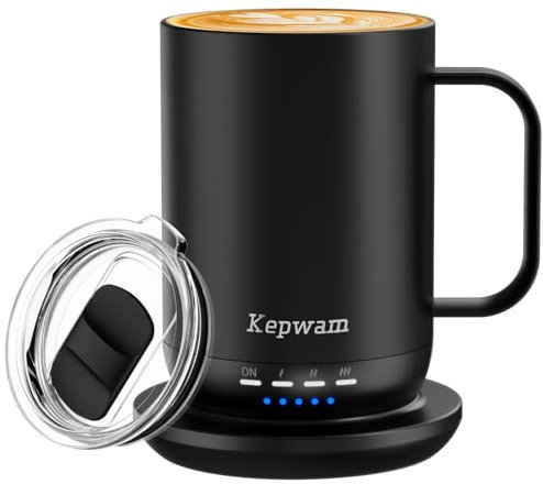 Kepwam Self Heating Coffee Mug T1-16oz Fast Heating & Ultra Long-Lasting Battery Life, Heated Coffee Mug Up to 149℉ - Touch & App Controlled Coffee Mug, Birthday Gifts for Women and Men