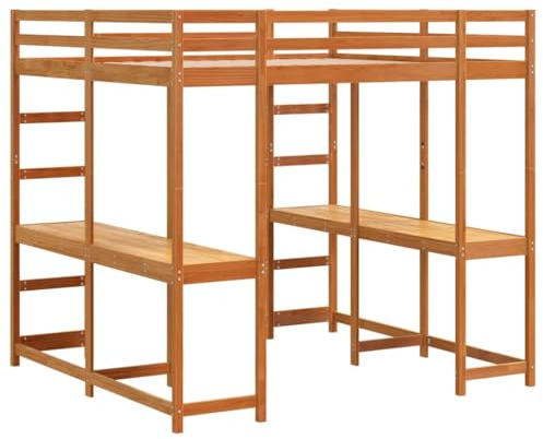 vidaXL Hochbett mit Schreibtisch & Leiter Braun 140x200 cm Kiefernholz, Hochbett mit Schreibtisch, Etagenbett Kinder, Hochbett Massivholz