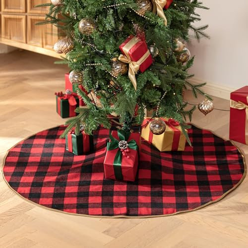 Leisuremix 90cm Buffalo Plaid Christmas Tree Skirt - Black and Red for Holiday Decoration