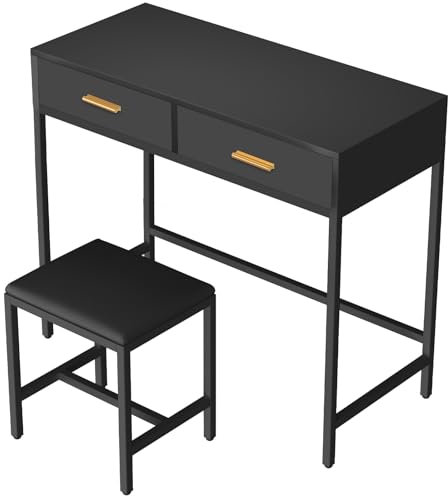Ereousa Schminktisch, Make Up Tisch mit Hocker, Kosmetiktisch mit 2 Schubladen, Schwarz H1302