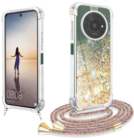 XCYYOO Chaîne de téléphone portable pour Xiaomi Redmi A3 - Avec bande - Sables mouvants à paillettes - En silicone - Anti-chocs - Avec chaîne - Transparent - En TPU - Sable rapide - Pour accrocher