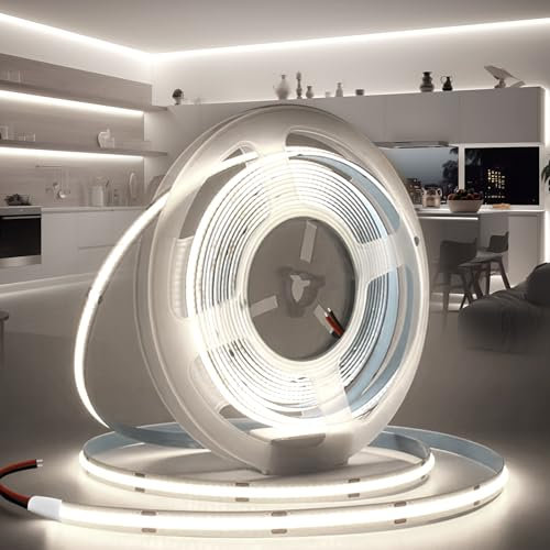 BRIMETI Ruban LED COB 5M 24V Autocollant Bande LED COB 6000K Blanc Froid Flexible 320LED/M Découpable Largeur 8mm CRI>90 Intérieur Eclairage pour Chambre Cuisine Maison Miroir (Sans Alimentation)