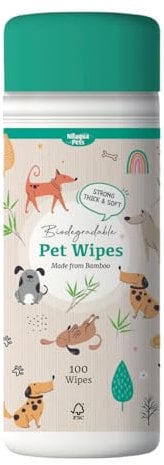 Nilaqua 100pk Bamboo Grooming Dog Wipes. Vitamin E for soft & kind nourishing cleaning for your doggo. 100% Biodegradable, plastic free cleaning wipes. Strong & super soft bamboo