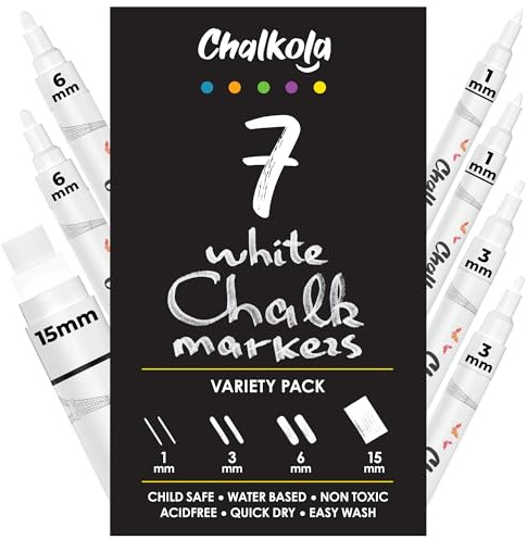 Chalkola 7 Kreidestifte für Tafel Abwaschbar Weiß (1–15mm), Kreidestift Weiß, Kreidemarker Abwischbar, Kreidestifte für Fenster, Fenstermalstifte, Tafelstifte Abwischbar, Glasstift abwaschbar