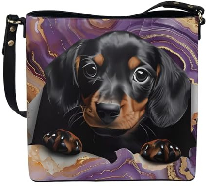 COEQINE Borsa a secchiello da donna in morbida pelle con zampa bianca e nera, Cani Bassotto Kawaii Marmo Viola, Taglia unica