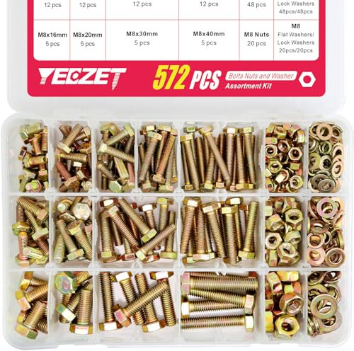 YEEZET 572pcs Schrauben und Muttern Kit, M5 M6 M8 Sechskantschrauben Muttern Unterlegscheibe Set, 13 Größen, Gelbe Verzinkung, Klasse 8,8