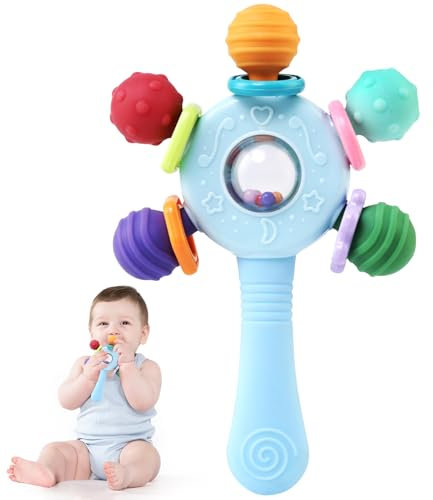 TonStyle Jouet Dentition Bebe 0-3 Mois, Anneau de Dentition pour Bébé, Hochet Bébé de Développement, Jeux d’Eveil Sensorielle Educatif Cadeau pour Naissance Enfant 6 9 12 Mois (Blanc) (Blue)