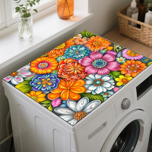 GLOBLELAND Boho-Flower Washer Dryer Dust Cover 19.6×23.6inch Mandala Washing Machine Top Protector Pads Non Slip Washing Machine Top Covers for Laundry Room Living Room Desk