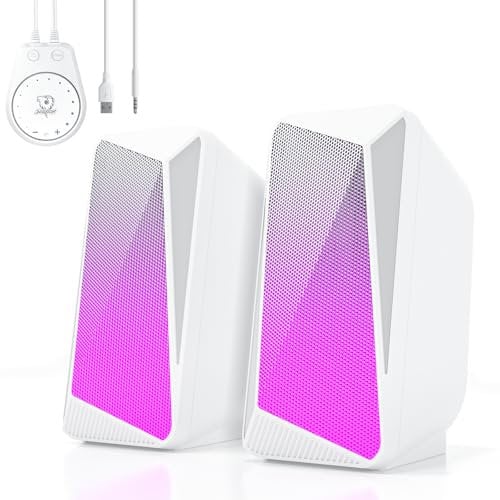SOULION C30 PC Speakers for Desktop Computer Bluetooth Soundbar for Monitor, Laptop, Gaming, 3.5mm Aux input, USB Powered, Colourful LED Lighting, White