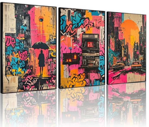 Bonbeau Straßen-Graffiti-Leinwandkunst, abstrakter Posterdruck, großes buntes Gemälde für Wohnzimmer, Schlafzimmer, Badezimmer, Büro, Heimdekoration, ungerahmt (großes buntes Gemälde, 40 x 60 cm