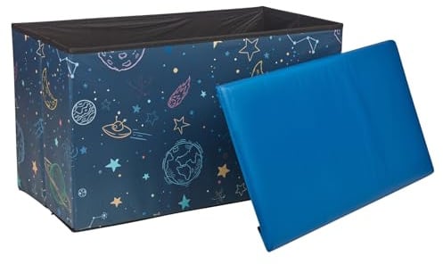 URBNLIVING Children’s Foldable Toy Storage Box with Padded Lid Seat – 60cm Collapsible Ottoman Chest Bench for Boys & Girls, Space Saving, Bedroom & Playroom Toy Organizer, Unicorn & Galaxy Print