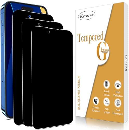 Kesuwe 3 Pack Privacy Screen Protector for iPhone 14 Pro 6.1-Inch | Anti Spy Tempered Glass Film, Anti Scratch, 9H Hardness, Bubble Free, Case Friendly, Easy Installation